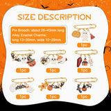 1Set Halloween Pumpkin & House & Skull & Bat Alloy Enamel Charms Safety Pin Brooch, Golden Iron Lapel Pins for Backpack Clothes, Mixed Color, 25~43mm, 1pc/style, 7 style, 7pcs