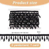 Polyester Bead Tassel Trimming, with Teardrop Plastic Beads, Costume Embellishments, Black, 30~42x8mm, about 3 yards/card