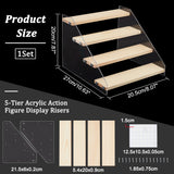 4-Tier Acrylic Action Figure Display Risers, Wood Tiered Display Organizer Hoder for Minifigures Model Toys, Ladder Shaped Dolls Shelf, with Dot Stickers or Adhesive Tape(Send One of These Randomly), BurlyWood, 20.4x21.5x16cm