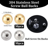 60Pcs 2 Colors Stainless Steel Ear Nuts, Round, Golden & Stainless Steel Color, 4x4mm, Hole: 1mm, 30Pcs/color