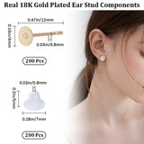 200Pcs 304 Stainless Steel Stud Earring Findings, Flat Round Earring Settings, with 200Pcs Plastic Ear Nuts, Real 18K Gold Plated, 12x4mm, Pin: 0.8mm
