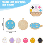 70Pcs 7 Colors Alloy Enamel Pendants, Light Gold, Flat Round with Smiling Face Charm, Mixed Color, 19x16mm, 10pcs/color