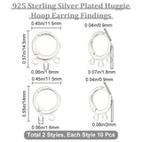 20Pcs 2 Style Brass Huggie Hoop Earring Findings, with Horizontal Loops, 925 Sterling Silver Plated, 14~14.5x11.5x1.8~2mm, Hole: 1.6mm, Pin: 0.9mm, 10Pcs/style