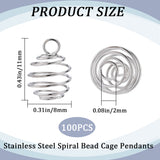 100Pcs Stainless Steel Spiral Bead Cage Pendants, Hollow Spring Ball Charms, Silver, 11x8mm, Hole: 2mm