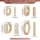 4 Pairs 4 Style Clear Cubic Zirconia Rectangle Hoop Earrings, Brass Jewelry for Women, Real 18K Gold Plated, 12~17x12.5~18x2~5.5mm, Pin: 0.8~0.9mm, 1 Pair/style