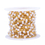 Handmade Brass Chains, with Round ABS Plastic Imitation Pearl Beads, Soldered, with Spool, Creamy White, Golden, 1.5mm, beads: 4mm, about 32.817 Feet(10m)/roll