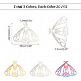 60Pcs 3 Colors 201 Stainless Steel Filigree Pendants, Etched Metal Embellishments, Moth, Mixed Color, 21.5x27x0.3mm, Hole: 1.2mm, 20pcs/color