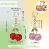 2Pcs 2 Colors Zinc Alloy Rhinestone Keychain, with Iron Key Rings, Cherry, Mixed Color, 11.9cm, 1pc/color