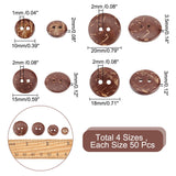 200Pcs 4 Style 2-Hole Flat Round Coconut Buttons, Coconut Brown, 10~20x2~3.5mm, Hole: 1~2mm, 50pcs/style