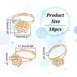 10Pcs Adjustable Brass Filigree Ring Settings, Finger Rings Components, Flower, Real 14K Gold Plated, Tay: 3mm, US Size 7(17.3mm)