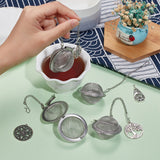 Round Stainless Steel Mesh Tea Infuser, with Tibetan Style Alloy Pendants, Tree/Flower of Life & Teardrop, Antique Silver & Stainless Steel Color, Tea Infuser: 165mm, 4pcs, Pendants: 25~39.5x18.5~30.5x1~3mm, Hole: 1.5~2mm, 4pcs