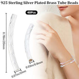Brass Tube Beads, Long-Lasting Plated, Curved Beads, Textured Tube, 925 Sterling Silver Plated, 20x2mm, Hole: 1.2mm, 40pcs/box