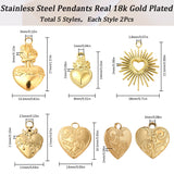 10Pcs 5 Style 304 Stainless Steel Pendants, Heart, Real 18K Gold Plated, 14~27x8~18x2~3mm, Hole: 1~3mm, 2pcs/style