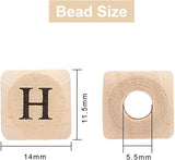 Natural Wooden European Beads, Large Hole Beads, Undyed, Cube with Letter, Antique White, 14x13.5x13.5mm, Hole: 5.5mm, 100pcs