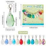 12Pcs 12 Colors Faceted Teardrop Glass Pendant Decorations, Zinc Alloy Lobster Clasp Charms, Clip-on Charms, Mixed Color, 35mm, 1pc/color