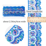4~4.5M Ethnic Style Polyester Lace Trim with Colorful Paillette, Sparkle Embroidery Lace Ribbon, Sun Pattern, with 1Pc Thread Bobbins White Cards, Medium Blue, 2-3/8 inch(60mm)