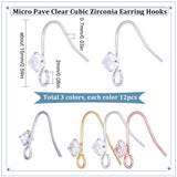 36Pcs 3 Colors Brass Micro Pave Clear Cubic Zirconia Earring Hooks, with Horizontal Loops, Mixed Color, 15mm, Hole: 2mm, Pin: 0.7mm, 12Pcs/color