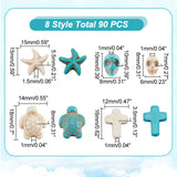 90Pcs 8 Styles Dyed Synthetic Turquoise Beads, Skull & Starfish & Sea Turtle & Cross, Mixed Shapes, Mixed Color, 8~16x6~15x3.5~10mm, Hole: 1~1.5mm