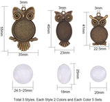 DIY Pendant Jewelry, with Owl Tibetan Style Alloy Pendant Cabochon Settings and Clear Glass Cabochon, Mixed Color, Pendant: 41~55x22.5~35x2mm, Hole: 3mm, Cabochon: 20~25mm, 60pcs/set