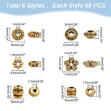 300Pcs 6 Styles Tibetan Style Alloy Spacer Beads, Mixed Shapes, Antique Golden, 5~7x4~7mm, Hole: 2~2.2mm, 50pcs/style