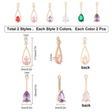 12Pcs 6 Style Brass Micro Pave Cubic Zirconia Pendants, with Glass, Teardrop, Transparent Glass Pendants, with Golden Tone Brass Findings, Long-Lasting Plated, Light Gold, Mixed Color, 2pcs/style