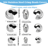 240Pcs 3 Style 304 Stainless Steel Crimp Beads Covers, Stainless Steel Color, 3.5~6.5x4~5.8mm, Hole: 1.4~1.8mm, 80pcs/style