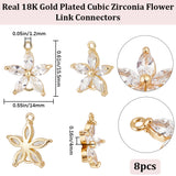 8Pcs Brass Pave Clear Cubic Zirconia Connector Charms, Nickel Free, Flower Links, Real 18K Gold Plated, 15.5x14x4mm, Hole: 1.2mm