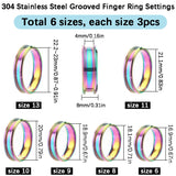 18Pcs 6 Size 304 Stainless Steel Grooved Finger Ring Settings, Ring Core Blank, for Inlay Ring Jewelry Making, Rainbow Color, US Size 6 1/2~13(16.9~22.2mm), 3Pcs/size