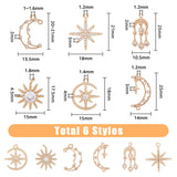 24Pcs 6 Styles Brass Micro Pave Cubic Zirconia Pendants, Star & Sun & Moon, Long-Lasting Plated, Light Gold, Clear, 17.5~25x10.5~18x2~4.5mm, Hole: 1~1.8mm, 4pcs/style