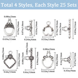 100Pcs 4 Styles Tibetan Style Alloy Toggle Clasps, Lead Free & Cadmium Free, Mixed Shapes, Antique Silver, 18.5~21x11~15mm, Hole: 1.8~3mm, 25pcs/style
