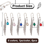 Glass Teardrop Birthstone Pendant Bookmarks, Alloy Feather Bookmark, Mixed Color, 115mm, 6 colors, 1pc/color, 6pcs/set