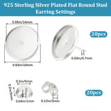 20Pcs Brass Stud Earring Settings, Flat Round, with 20Pcs Friction Ear Nuts, 925 Sterling Silver Plated, 16mm, Tray: 14mm