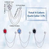 4Pcs 4 Colors Glass Oval Hanging Chain Brooches, Platinum Alloy Badges for Collar Shirt Suit, Mixed Color, 140mm, 1Pc/color