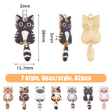 42Pcs 7 Style Light Gold Rack Plating Alloy Enamel Pendants, Cat Charm, Mixed Color, 38x15.7x3mm, Hole: 2mm, 6pcs/style