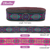 Ethnic Style Embroidery Polyester Ribbons, Jacquard Ribbon, Tyrolean Ribbon, Garment Accessories, Flower Pattern, Fuchsia, 1-3/8 inch(34mm), 0.5mm, about 7.66 Yards(7m)/pc