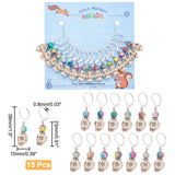 15Pcs 15 Color Synthetic Magnesite Skull & Acrylic Beaded Charm Locking Stitch Marker, with Brass Leverback Earring Findings and Plastic Ear Nuts, Mixed Color, 38mm, Pin: 0.8mm, 1Pc/color