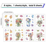 8 Sheets 8 Styles PVC Waterproof Wall Stickers, Self-Adhesive Decals, for Window or Stairway Home Decoration, Rectangle, Flower, 200x145mm, about 1 sheets/style