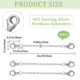 3pcs 925 Sterling Silver Cable Chain Extenders, End Chains with Double Lobster Claw Clasps, Platinum, 50.8mm