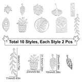 20Pcs 10 Style 201 Stainless Steel Pendants, Mixed Shape, Stainless Steel Color, 2pcs/style