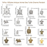 16 Style Tibetan Style Alloy Pendants, Sea Turtle & Tortoise, Mixed Color, 15~55.5x9~38x2~9.5mm, Hole: 1~2.5mm, 74pcs/box