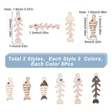 48Pcs 6 Style Alloy Pendants, with Enamel,  Fishbone, Mixed Color, 23~35x8~11x1.2~2mm, Hole: 1.8~2mm, 8pcs/style