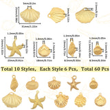 60Pcs 10 Style Ocean Theme Alloy Pendants, Mixed Shapes, Golden, 11.5~26x8.5~31x2.7~3.5mm, Hole: 1.2~5mm, 6pcs/style