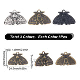 24Pcs 3 Colors Alloy Pendants, Moth with Moon Phase Charm, Mixed Color, 16x24.5x2mm, Hole: 1.8mm, 8pcs/color