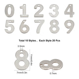 200Pcs 10 Style 304 Stainless Steel Charms, Number 0~9, Stainless Steel Color, 20pcs/style