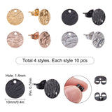 304 Stainless Steel Stud Earring Findings, with Ear Nuts/Earring Backs & Loop, Textured, Flat Round, Mixed Color, 10x1mm, Hole: 1.4mm, Pin: 0.7mm, 40pcs/box