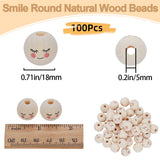 100Pcs Maple Wood European Beads, Printed, Large Hole Beads, Undyed, Round with Shy Expression, Blanched Almond, 17~18mm, Hole: 5mm