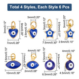 24Pcs 4 Style Rack Plating Brass Enamel Charms, with Jump Rings, Cadmium Free & Lead Free, Real 18K Gold Plated, Star & Heart with Evil Eye, Marine Blue, 9~10x6.5~11x2~4.5mm, Hole: 2.5~3mm, 6pcs/style