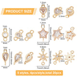 20Pcs 5 Style Brass Micro Pave Cubic Zirconia Links, Long-Lasting Plated, Flat Round & Star & Teardrop & Heart, Cadmium Free & Nickel Free & Lead Free, Real 18K Gold Plated, 4~10x4~8x2~4mm, Hole: 0.9~1.2mm, 4pcs/style