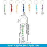 2 Sets Chakra Gemstone Chip Keychains with Glass Seed Beads, Alloy Leaf & Moon & Star & Heart Charms Keychains, Mixed Color, 8.6~9.2cm, 7pcs/set