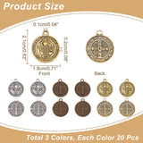 60Pcs 3 Colors Tibetan Style Pendants, Saint Benedict Medal, Cadmium Free & Nickel Free & Lead Free, Religion, Flat Round, Mixed Color, 20~21x17~18x2mm, Hole: 1mm, 20pcs/color